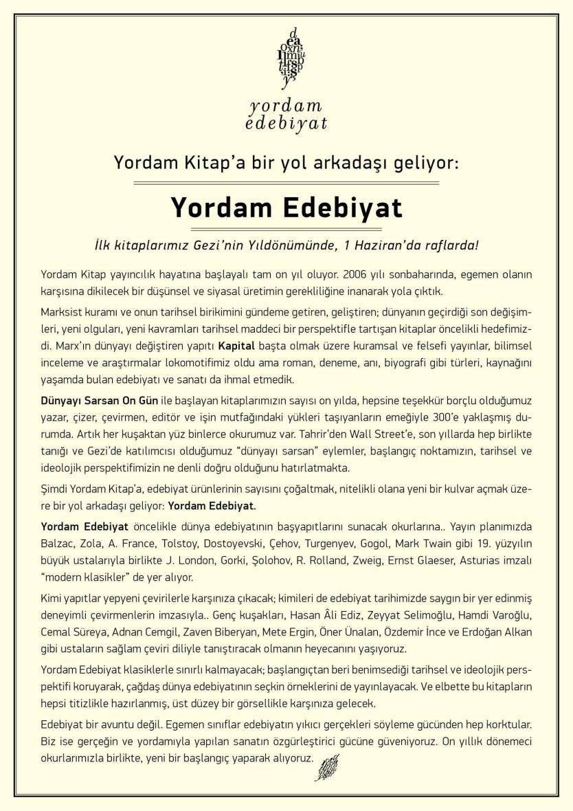 Yordam Edebiyat'ın Kuruluş Bildirisi